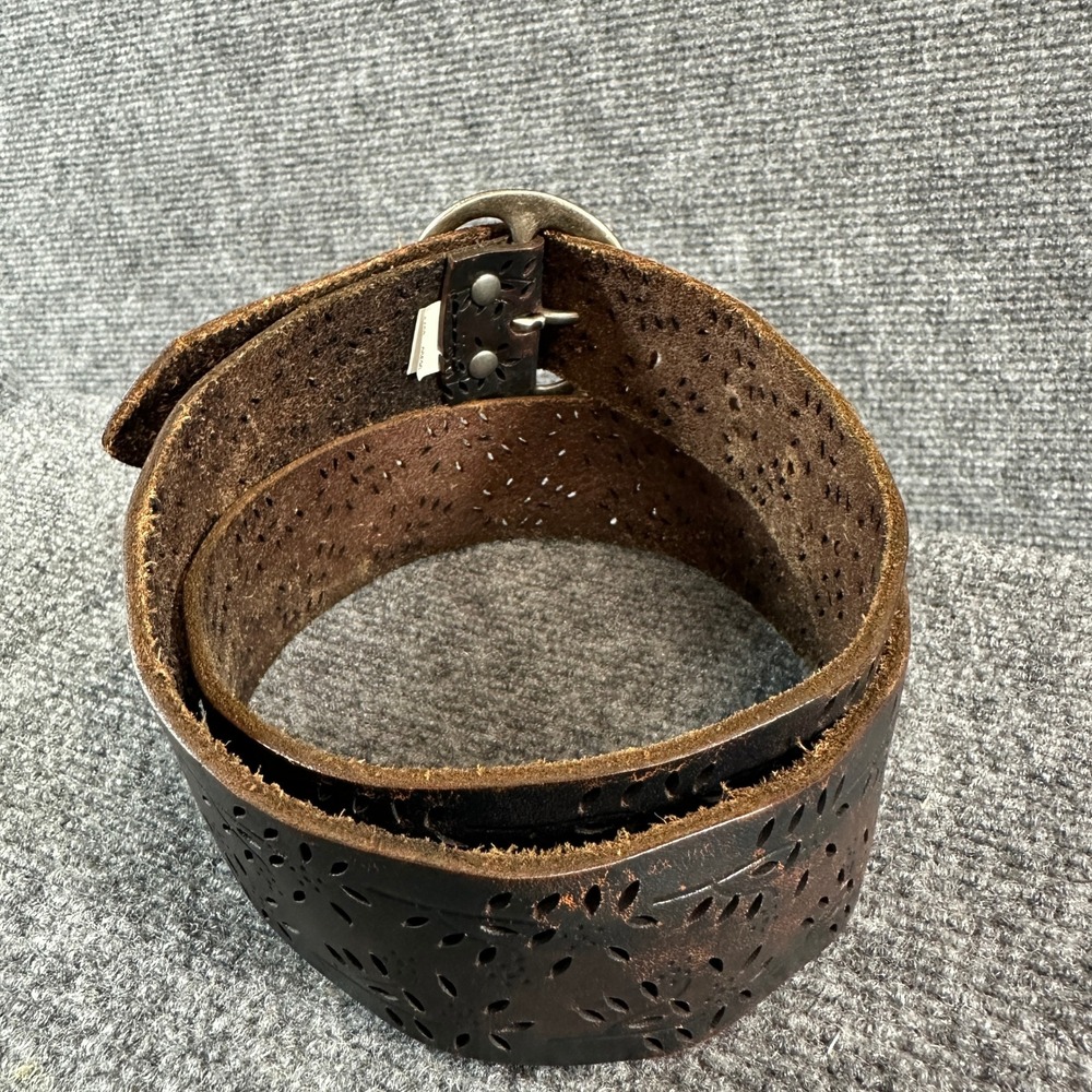 Dark Brown Perforated Floral Leather Belt Round Brass Buckle Boho Wide 40 Inch - Picture 10 of 11